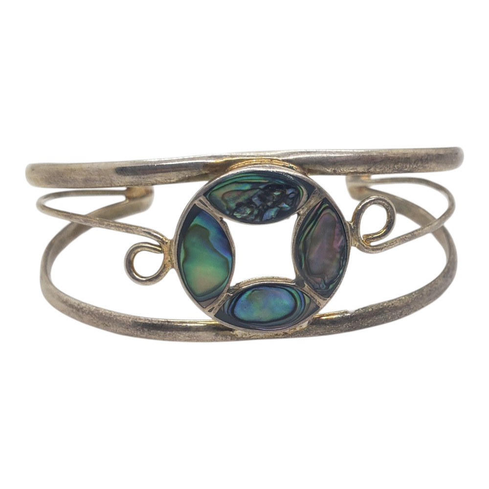 Vintage Cuff Bracelet Sterling Silver Abalone Shell Inlay Open Bangle Mexico